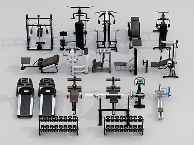 Comprehensive Sports Equipment Collection With Treadmills Dumbbells Weight Machines And Benches 3d model