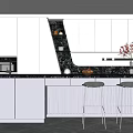 Modern Kitchen Interior Design With White Cabinets Black Countertop Island Bar Stools And Appliances