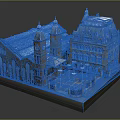 Detailed Historic Architecture Model Showcasing Clock Tower Arched Windows Roof Design Plaza and Street Lamps