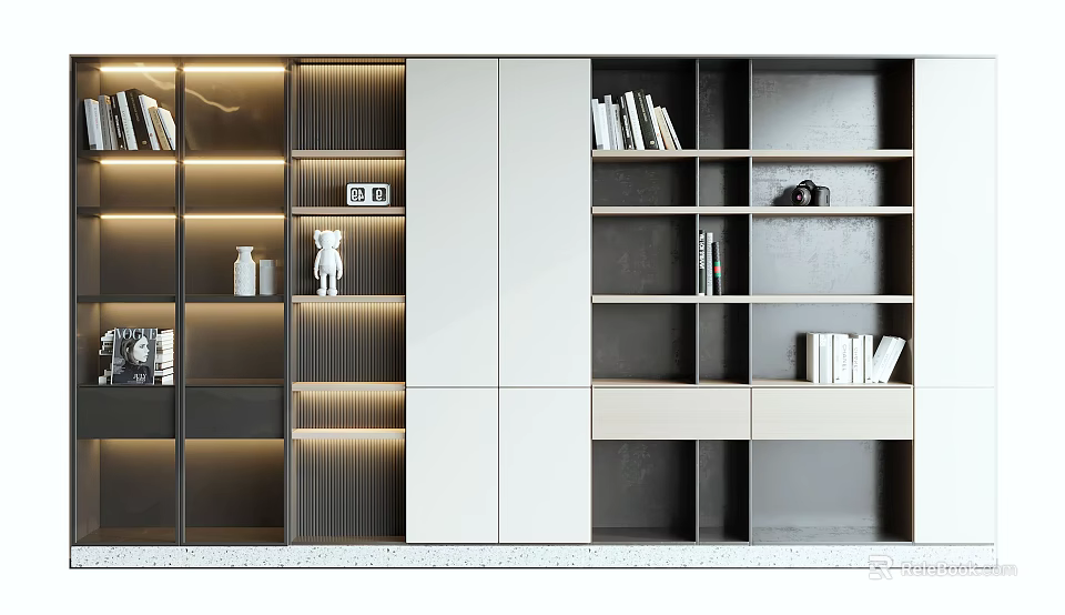 Modern Bookcase Design With Open Shelves Closed Cabinets And Decorative Items 3d model 