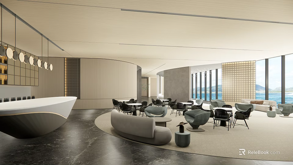 Modern Hotel Lobby Interior Featuring Spacious Sofas Armchairs And Floor to Ceiling Windows 3d model 