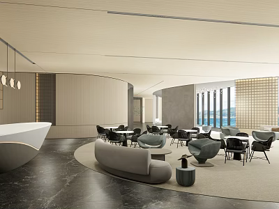 Modern Hotel Lobby Interior Featuring Spacious Sofas Armchairs And Floor to Ceiling Windows 3d model