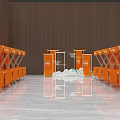 Modern Indoor Space Layout With Wooden Partitions And Orange Seating Elements 3d model