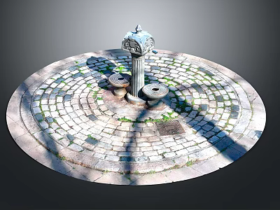 Classic Outdoor Fountain With Circular Stone Paved Base And Column Structure 3d model