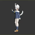 Anime Style Game And Movie Character With White Hair Blue Outfit Horns And Yellow Bow