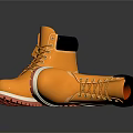 Yellow Boots With Red Soles And Laces On Dark Background With Reflections
