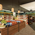 Specialty Store Interior With Shelves Full Of Products Island Counter And Lighting
