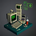 1980s Vintage Computer Setup With Monitor Keyboard Floppy Disk Drive And Soda Cup