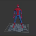 Spider Man 3D Model in Red Blue Costume Standing on Broken Stone Tiles Gray Background