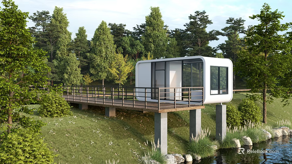 Modern Hotel Building In Natural Setting With Wooden Deck And Water View 3d model 