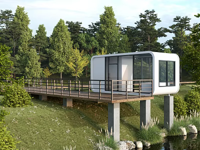 Modern Hotel Building In Natural Setting With Wooden Deck And Water View 3d model
