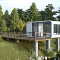 Modern Hotel Building In Natural Setting With Wooden Deck And Water View