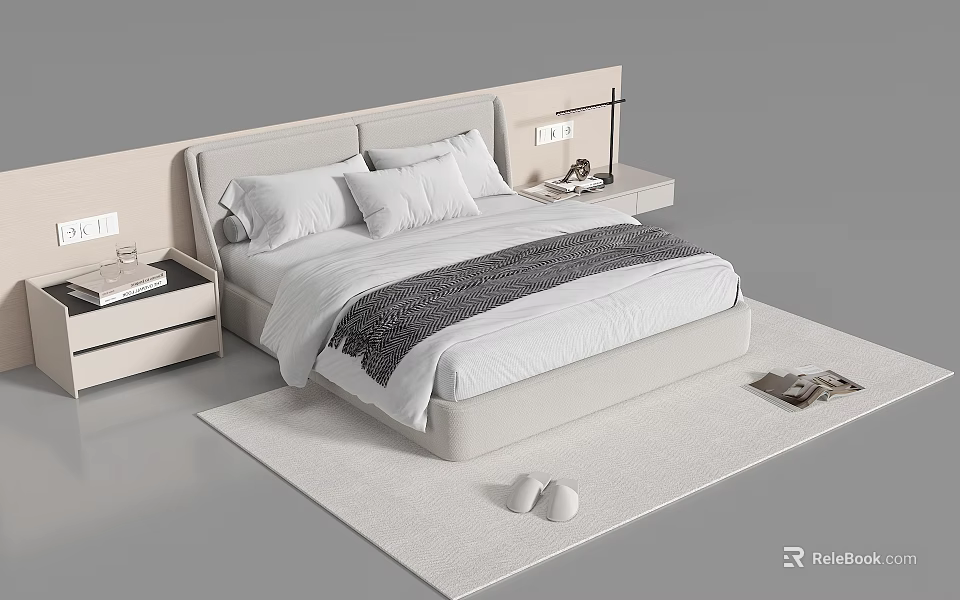 Modern Double Bed With Light Beige Upholstered Headboard White Bedding And Side Nightstands On Soft Rug 3d model 