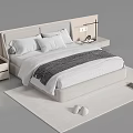 Modern Double Bed With Light Beige Upholstered Headboard White Bedding And Side Nightstands On Soft Rug