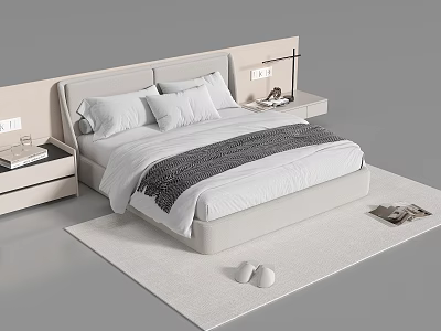 Modern Double Bed With Light Beige Upholstered Headboard White Bedding And Side Nightstands On Soft Rug 3d model