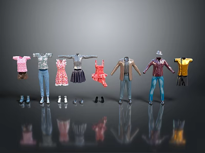Fashionable Clothing Collection With Dresses Tops Pants Jackets And Mannequins 3d model