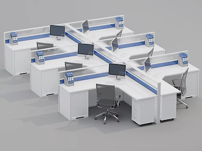 White Blue Partitioned Office Workstations With Computer Monitors And Chairs 3d model