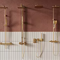 Golden Shower Fixtures Display on Brown and White Tile Wall