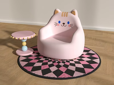 Cute Cat Shaped Pink Kids Chair With Small Table And Checkered Rug 3d model