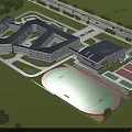 Modern School Building Complex With Sports Field Running Track And Green Lawn