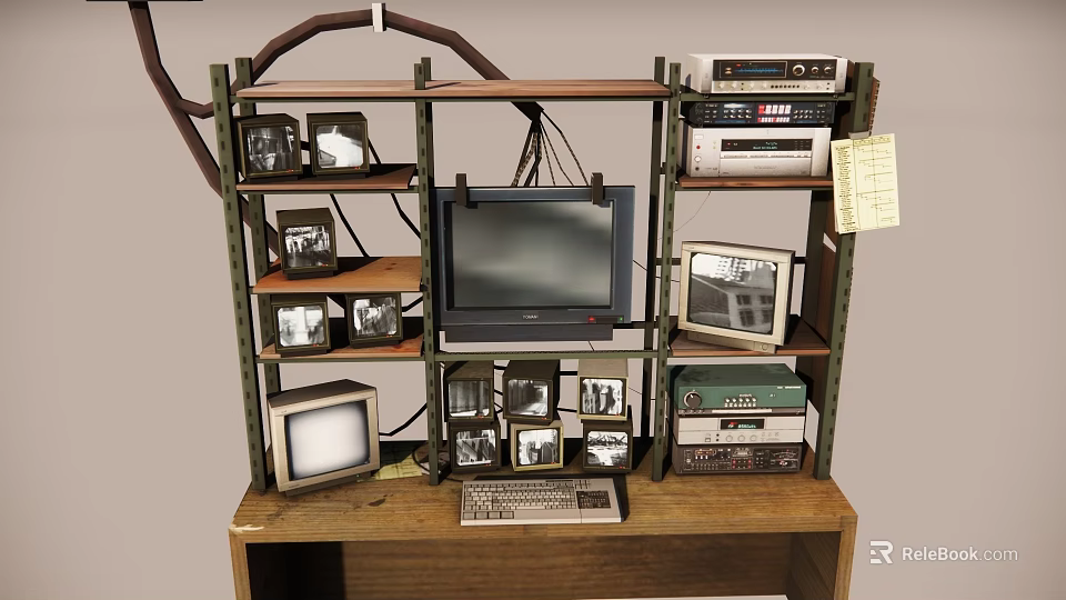 Vintage Daily Electrical Appliances Display on Wooden Shelves with Old TVs Radios and Computers 3d model 