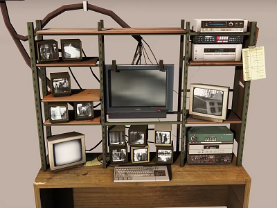 Vintage Daily Electrical Appliances Display on Wooden Shelves with Old TVs Radios and Computers 3d model