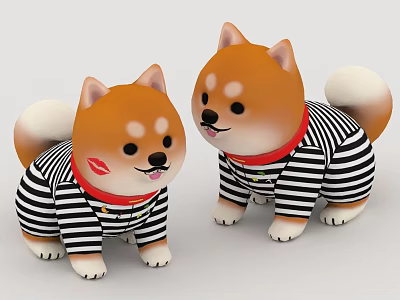 Cute Shiba Inu Dolls Wearing Striped Clothes With Red Collars And Paws 3d model