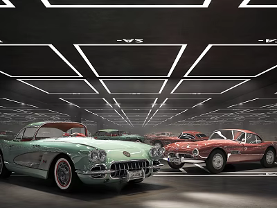 Modern Parking Garage With Vintage Cars And White Ceiling Lighting Design 3d model