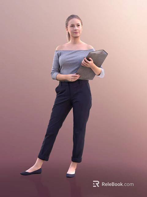 Woman in Gray Off Shoulder Top Holding Folder with Dark Pants Standing Pose 3d model 