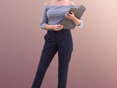 Woman in Gray Off Shoulder Top Holding Folder with Dark Pants Standing Pose 3d model