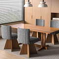 Modern Wooden Dining Table With Four Gray Cushioned Chairs And Pendant Lights