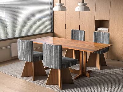 Modern Wooden Dining Table With Four Gray Cushioned Chairs And Pendant Lights 3d model