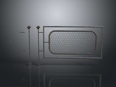 Urban Landscape With Metallic Hexagonal Grid Fence And Decorative Pillars 3d model