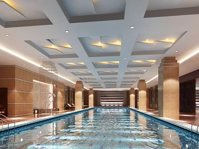 Luxury Club Interior Featuring Indoor Swimming Pool With Geometric Ceiling Lights And Marble Columns 3d model