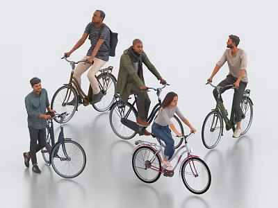 Group of Diverse People Riding Various Bicycles in Casual Attire and Relaxed Poses 3d model