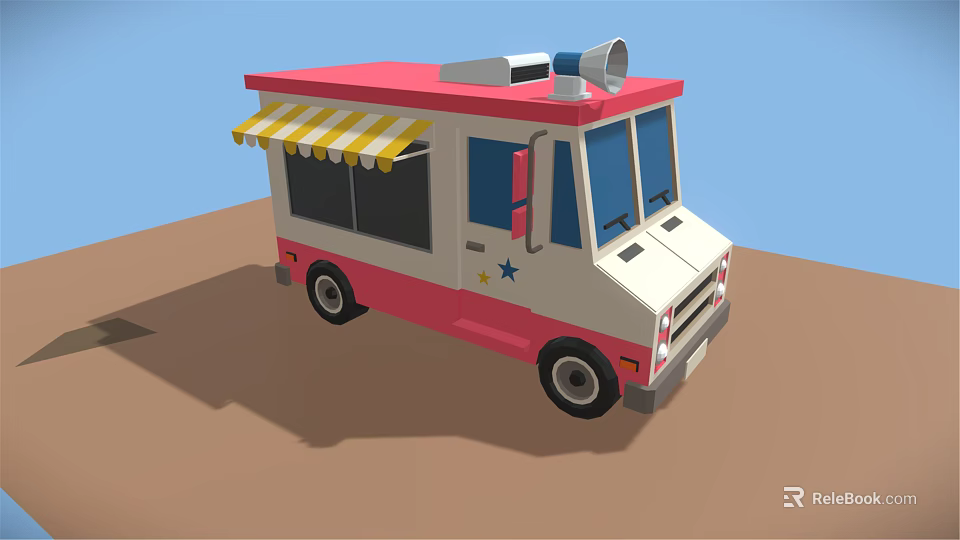 Pink And White Commercial Food Truck With Yellow White Striped Awning And Roof Horn 3d model 