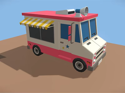 Pink And White Commercial Food Truck With Yellow White Striped Awning And Roof Horn 3d model