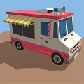 Pink And White Commercial Food Truck With Yellow White Striped Awning And Roof Horn