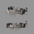 Comfortable Sectional Sofa With Blue Pillows Blanket Coffee Table And Table Lamp 3d model