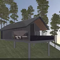 Modern Mountain Cabin With Elevated Deck Large Windows And Pine Forest Views 3d model