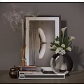 Decorative Ornament Combination With Framed Crane Art Calla Lily Vase Books And Incense Sticks