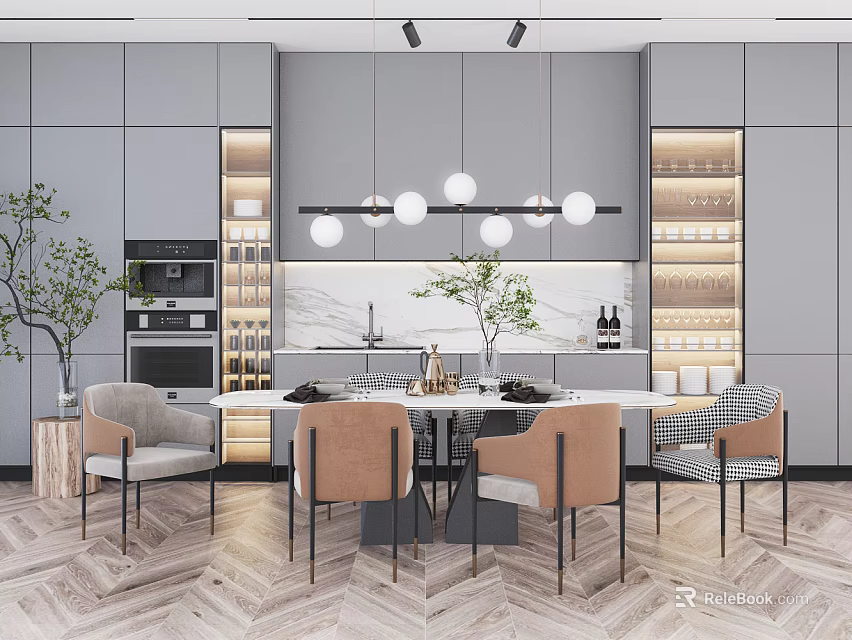 Modern Dining Table Set With Beige Chairs Pendant Lights And Marble Countertop 3d model