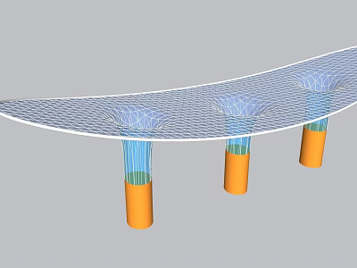 Art Installation With Curved Mesh Design And Orange Pillars With Blue Accents 3d model