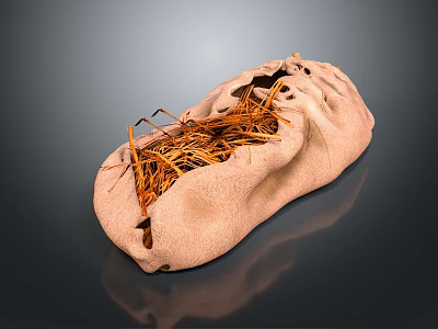 Open Natural Burlap Bag Filled With Loose Dry Straw On Dark Background 3d model