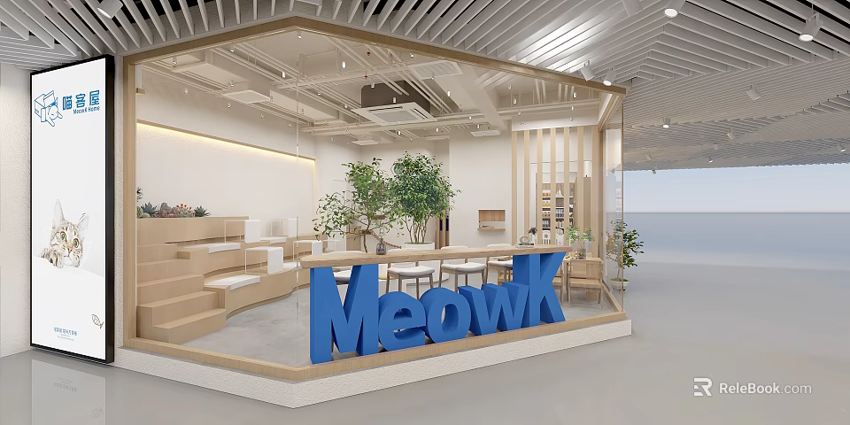 Meowk Café Interior With Green Plants Wooden Decor And Cozy Seating Area 3d model 