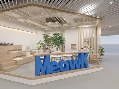 Meowk Café Interior With Green Plants Wooden Decor And Cozy Seating Area 3d model