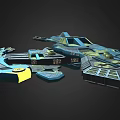 Sci Fi Cosmic Spaceship Design With Blue Yellow Accents And Complex Structures