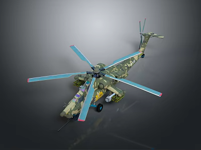 Camouflage Military Helicopter With Large Rotor Blades Detailed Body Design And Landing Gear 3d model