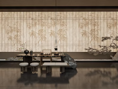 Traditional Tea House Interior With Bamboo Patterned Screens Stone Table And Tea Sets 3d model