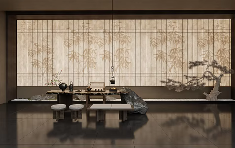 New Chinese Style Indoor Landscape Landscaping Dupont Paper Partition Landscaping New Chinese Style Tea Room-Silent Style Tea Room Club Tea Room 3d model
